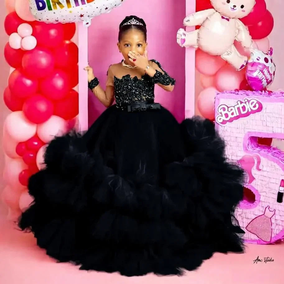 Fuchsia Princess Girls Birthday Party Dress Tiered Ruffles Long Sleeve Flower Girl Dresses for Wedding Kids Prom Gown Customized