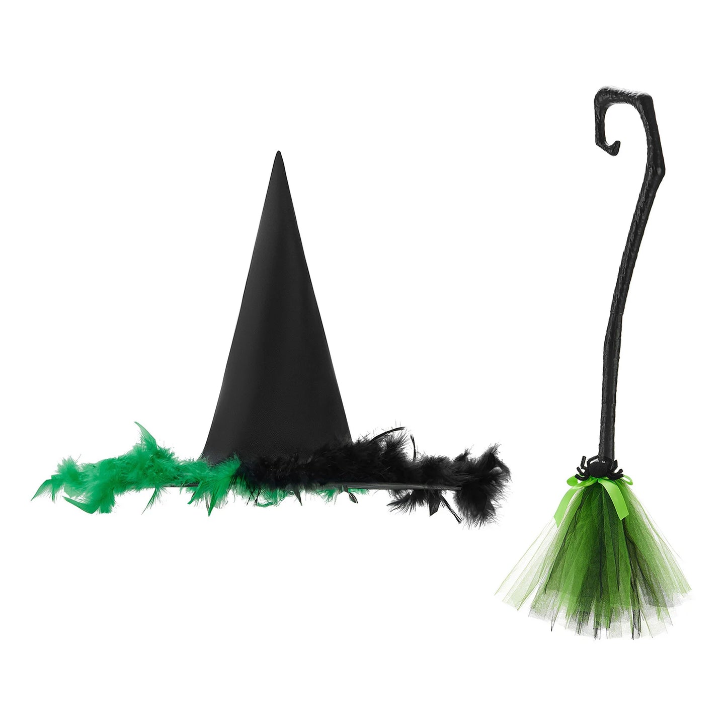 Halloween Witch Cloak Set Spider Web Sheer Mesh Cape Hat and Broom Set for Kids Boys Girls Appliques Feathers Animal