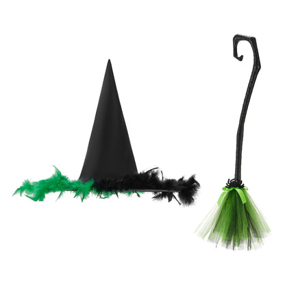 Halloween Witch Cloak Set Spider Web Sheer Mesh Cape Hat and Broom Set for Kids Boys Girls Appliques Feathers Animal