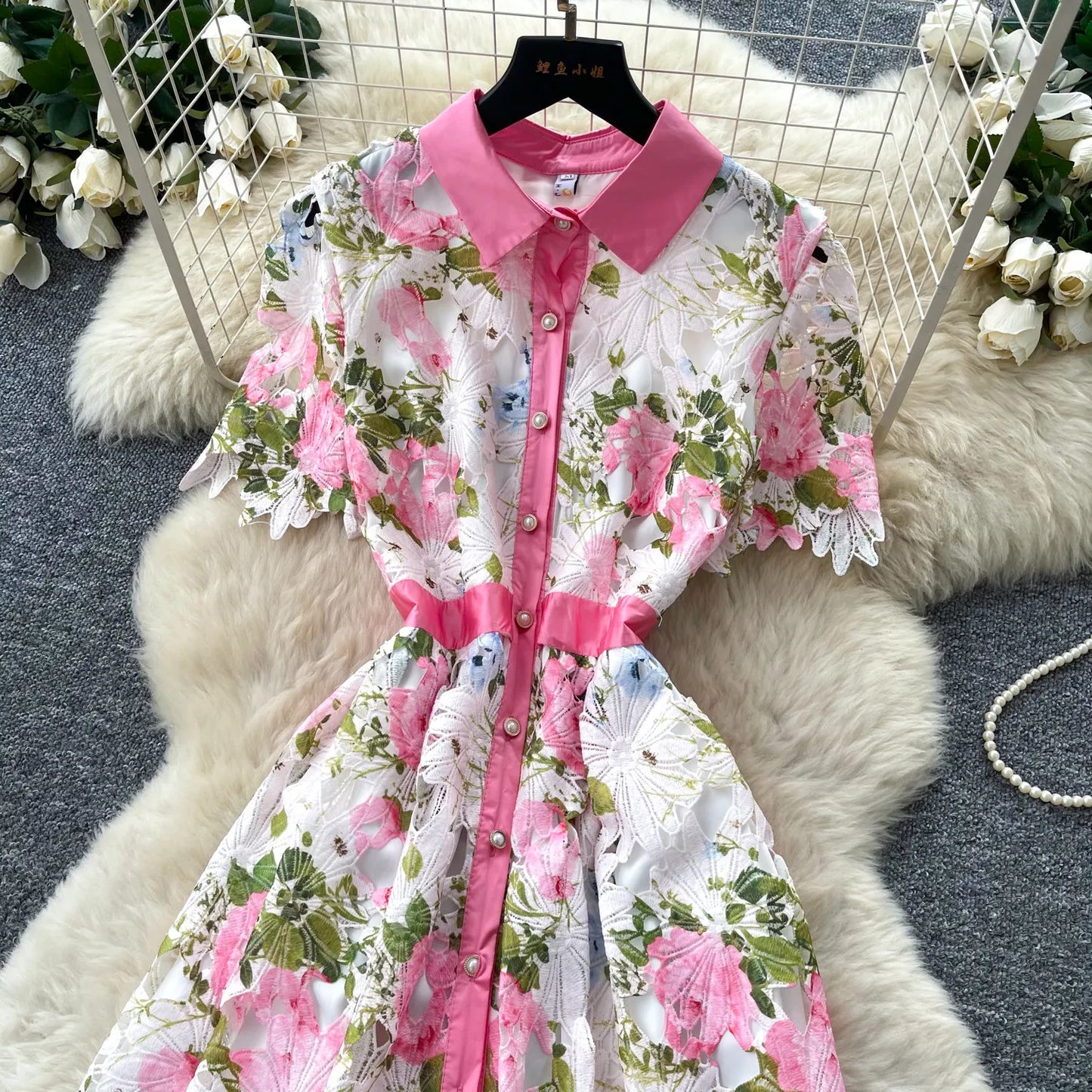 Embroidery Flower Vacation Dress French Style Blet Lapel Slim High Quality Hollow Out Ladies Elegant A-line Long Dress