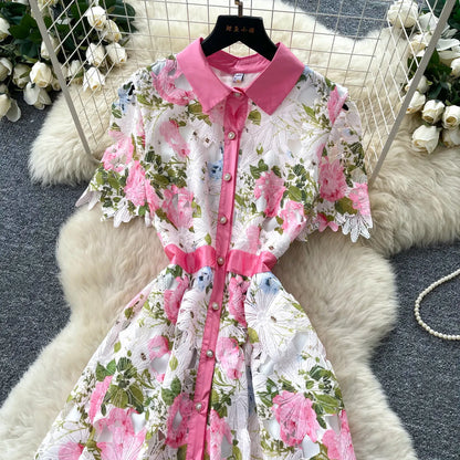 Embroidery Flower Vacation Dress French Style Blet Lapel Slim High Quality Hollow Out Ladies Elegant A-line Long Dress