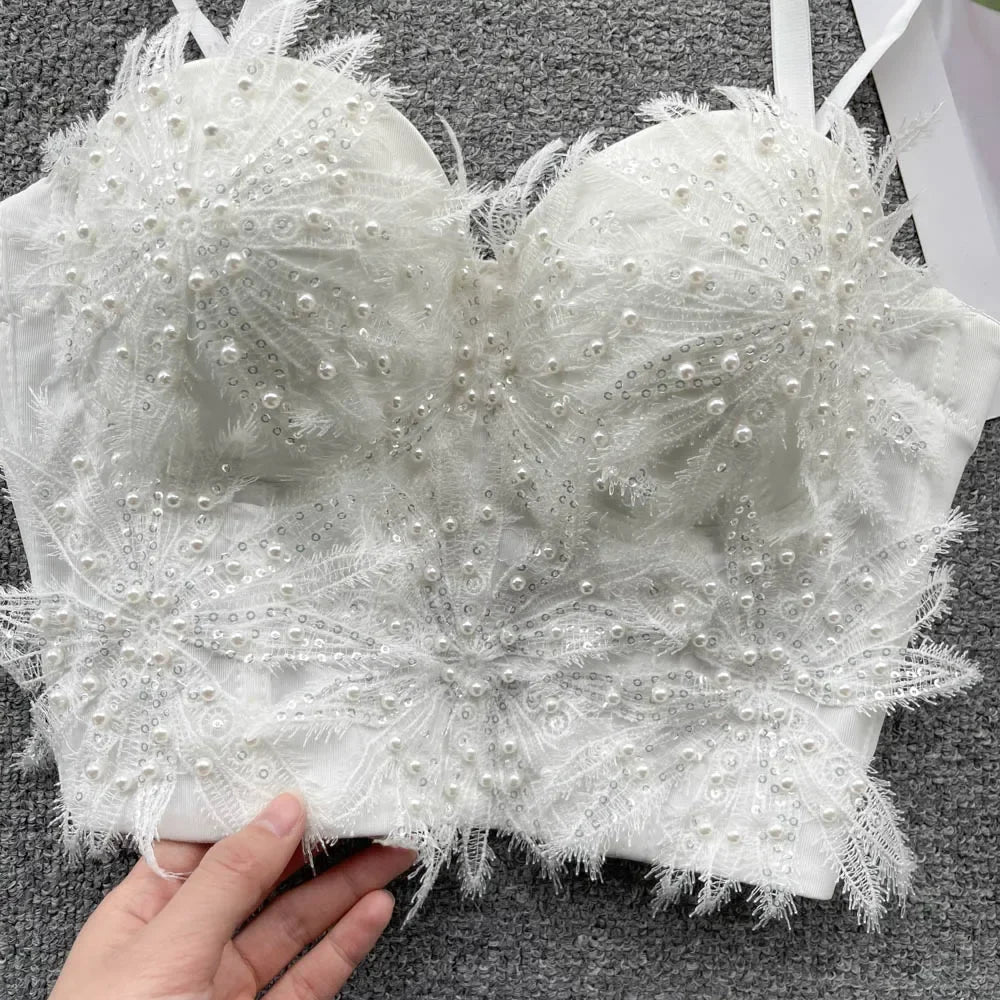 Women Hotsweet Sleeveless Sexy Chest Cushion Lace Backless Embroidered Beads Slim Straps Camis Top High Street Autumn Clothing