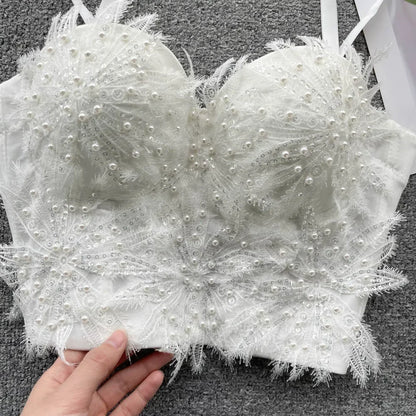Women Hotsweet Sleeveless Sexy Chest Cushion Lace Backless Embroidered Beads Slim Straps Camis Top High Street Autumn Clothing