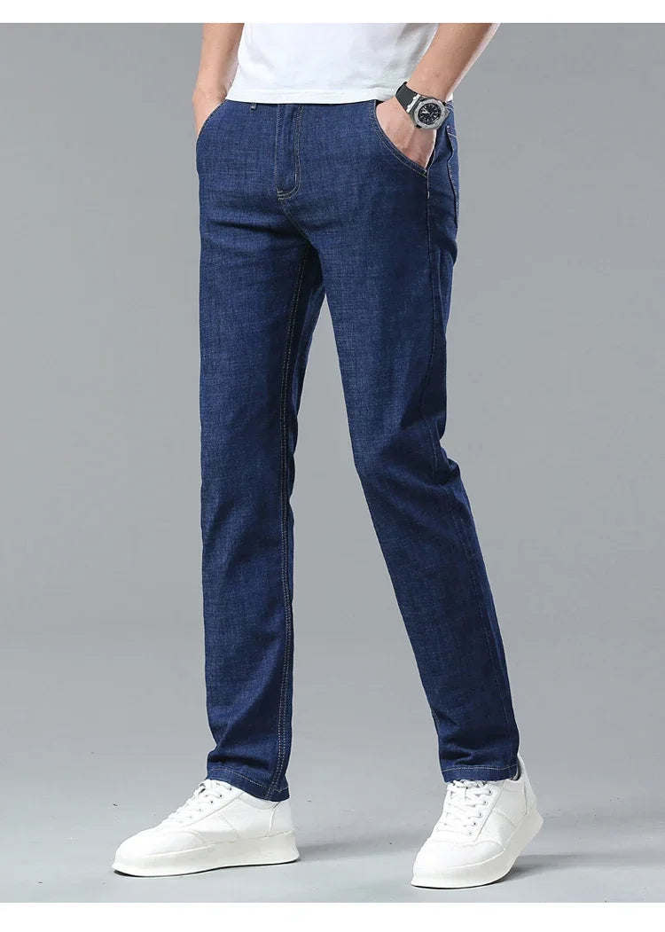 Men's Ice Silk Jeans Summer New Lyocell Thin Business Casual Denim Pants Classic All Match Slim Fit Straight Elastic Jean Male