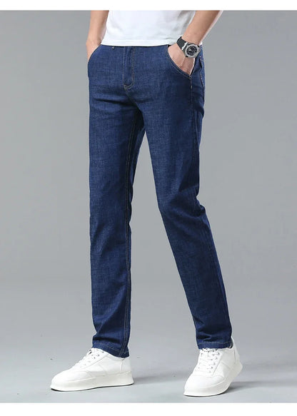 Men's Ice Silk Jeans Summer New Lyocell Thin Business Casual Denim Pants Classic All Match Slim Fit Straight Elastic Jean Male