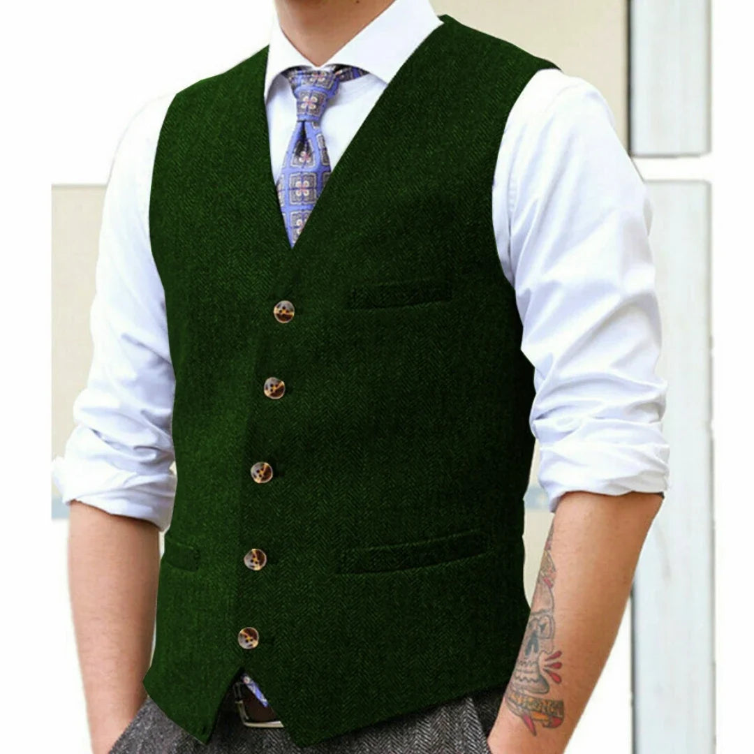 Men Vest Gray Herringbone Single Button With Pocket V Neck Waistcoat For Wedding Banquet Business Work Casual Daily Men Vest
