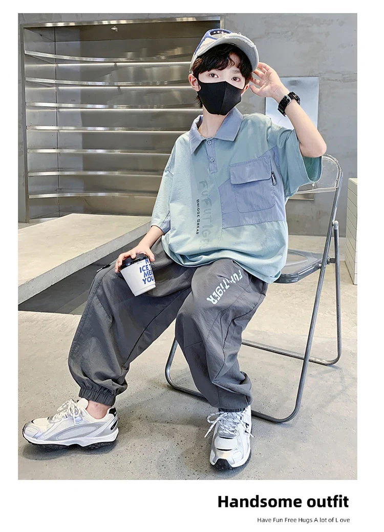 School Boys Fashion Summer Top And Bottom Clothes Set Polo Shirt + Pants 2 Pieces Clothing Suit Kids Children Casual Tracksuit