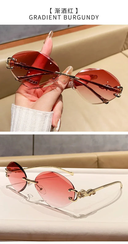 2026 New Fashion Leopard Head Frameless Oval Sunglasses Women Men Internet Celebrity Female Sunscreen Sun Glasses High-end UV400