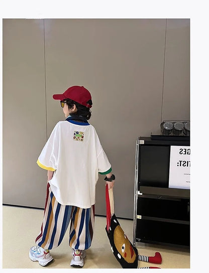 Summer Boys Cotton Contrast Cartoon T-Shirt Tops+Loose Colored Stripes Pant Set School Kids Tracksuit Child 2PCS Outfit 5-16 Yrs