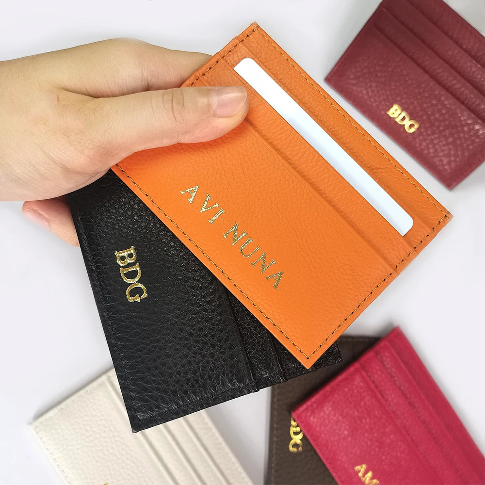 Porte-cartes en cuir de vachette avec logo personnalisé pour femme et homme, sac à cartes fin en cuir véritable, gravure du nom, portefeuille de luxe décontracté