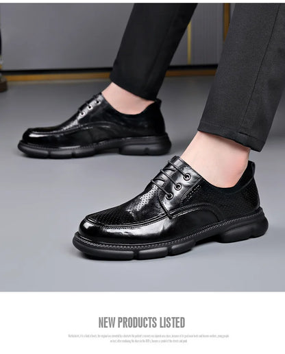 Summer Hallow Cow Leather Shoes for Men Fashion Casual Black New Designer Dress Shoes Male Lace Breathable Platform Shoes Man