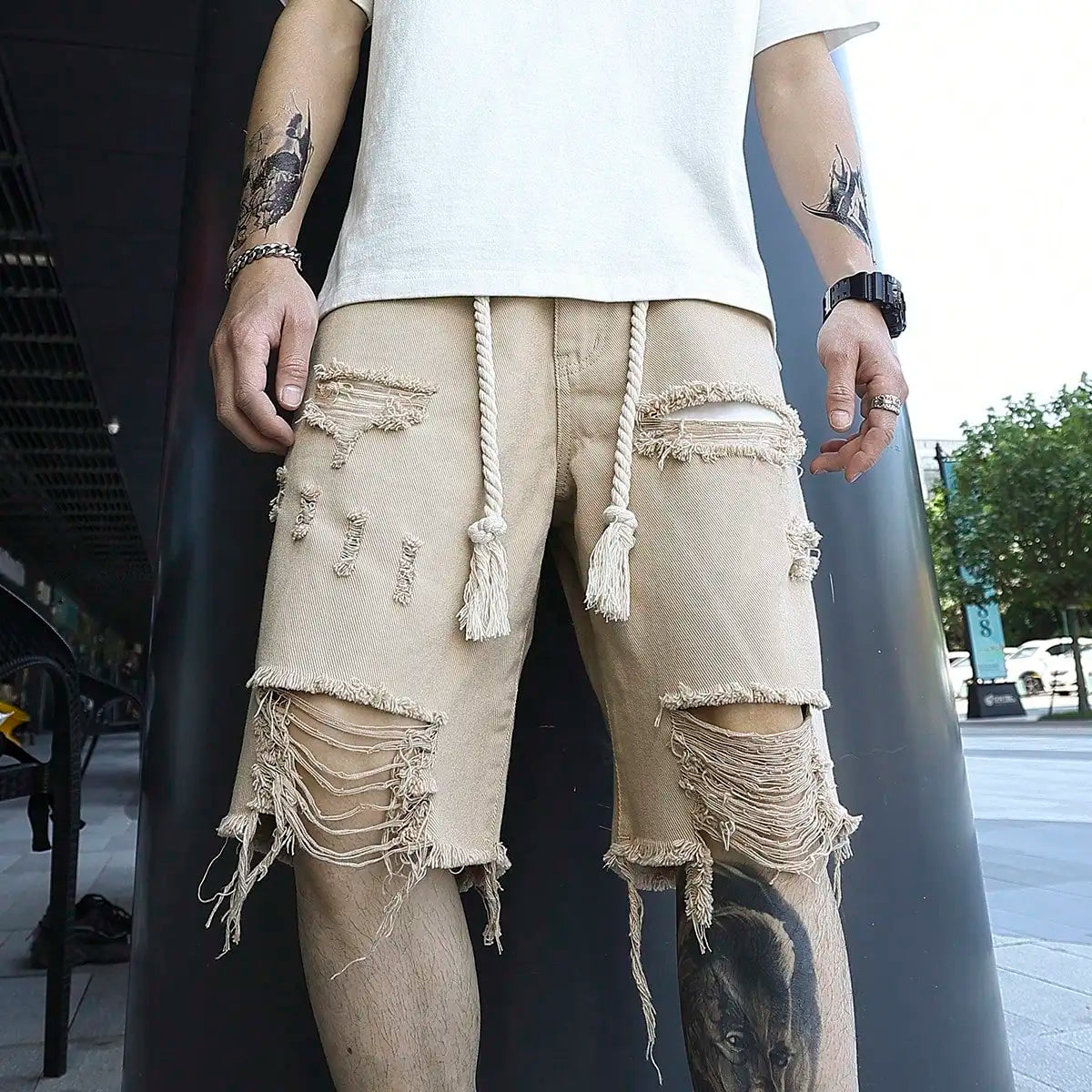 Men Summer Stretchy Denim Shorts Jeans for Men Streetwear Style Ripped Denim Shorts with High Stretch Knee Baggy Comfort Pants