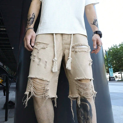 Men Summer Stretchy Denim Shorts Jeans for Men Streetwear Style Ripped Denim Shorts with High Stretch Knee Baggy Comfort Pants