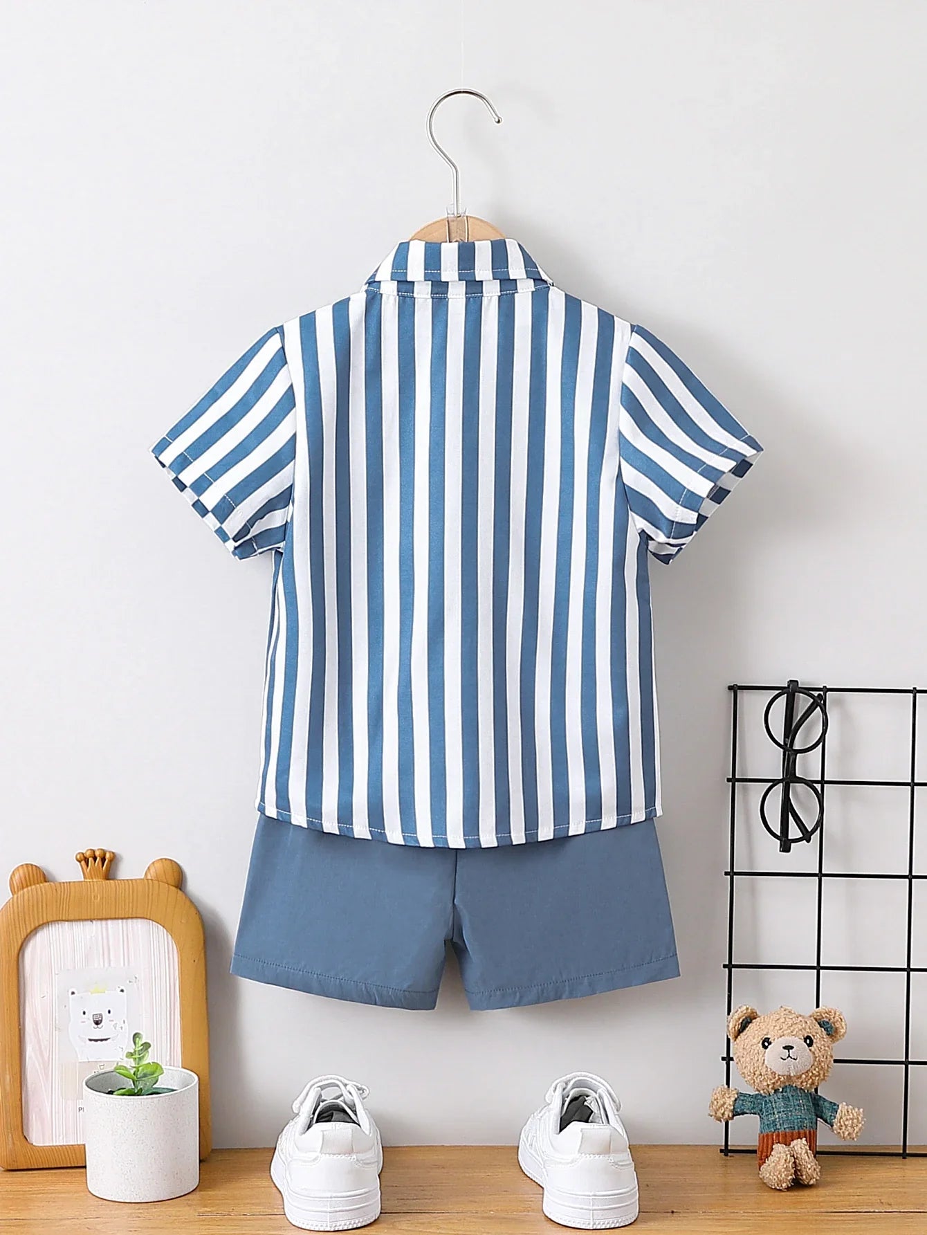 2pcs Summer Boys Blue & White Striped Shirt Set, Soft Style, Daily/Party Wear, Suitable for 1‑4Y, Breathable Fabric
