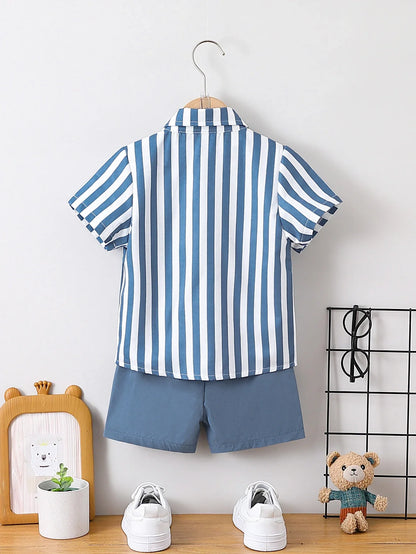 2pcs Summer Boys Blue & White Striped Shirt Set, Soft Style, Daily/Party Wear, Suitable for 1‑4Y, Breathable Fabric