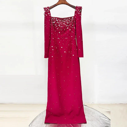 HIGH QUALITY Newest Fashion 2026 Designer Vestido Women's Square Collar Beading Diamonds Long Sleeve Maxi Dress