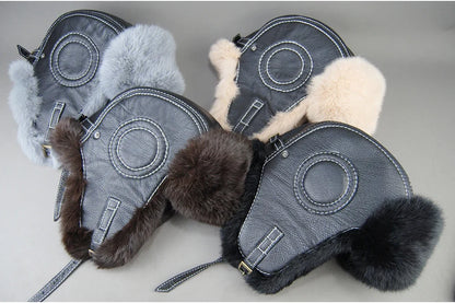 Hot Sale Winter Women's 100% Real Rabbit Fur Bomber Hat Ushanka Cap Trapper Russian Woman Ski Hats Caps Real Sheepskin Leather
