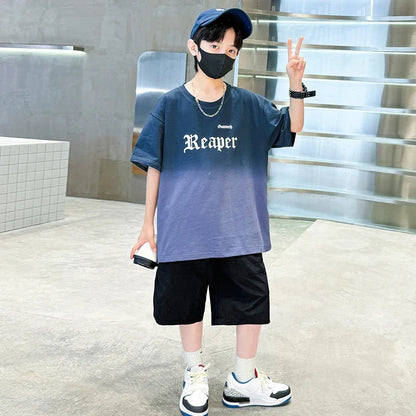Children Summer Set for Boy Cotton Short Sleeve T-shirt And Shorts Clothing Set Kids Hip Hop Rapper Outfit Suit 2 Pcs Tracksuit
