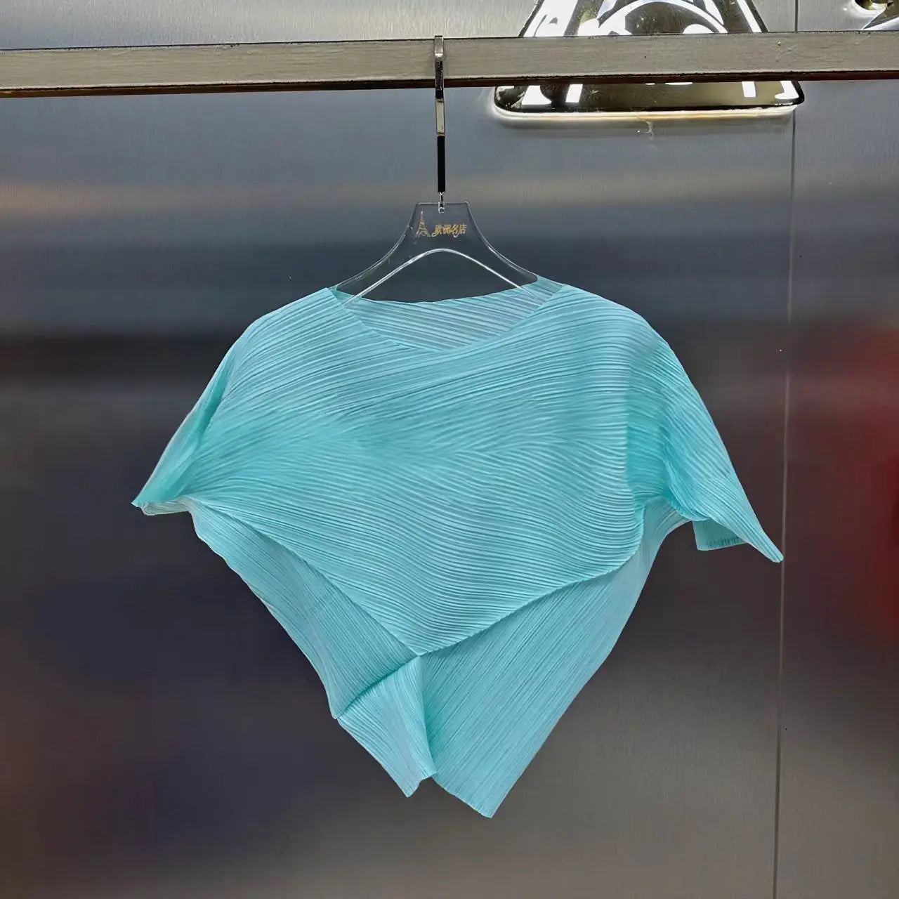Vibrant Cyan Blue Miyake Pleated Asymmetric Short Sleeve Top, Irregular Hem Women's Casual All Match Modern Stylish Blouse