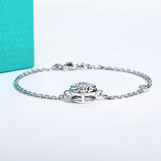 Bracelet Trèfle à Quatre Feuilles 2 carats (7x7 mm) en Moissanite, monture sertie clos, Argent Sterling 925, 16+2 cm, Bracelets pour Femmes, Cadeau Bijoux