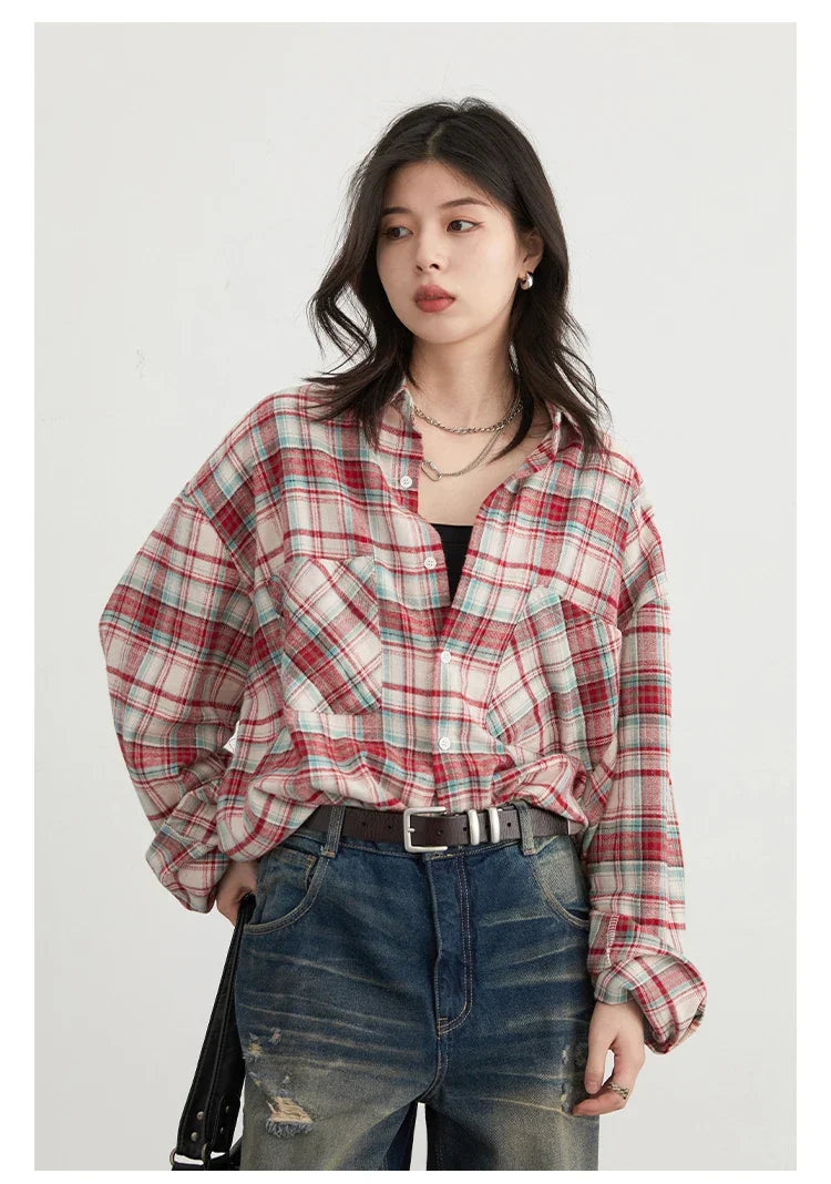 Women's Cotton Shirt Single Breasted Loose New Retro Color Blocked Grid Female Blouses Autumn Spring 2026