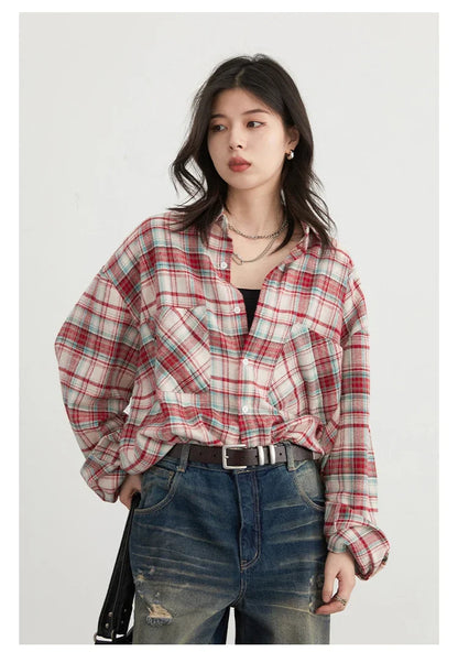 Women's Cotton Shirt Single Breasted Loose New Retro Color Blocked Grid Female Blouses Autumn Spring 2026
