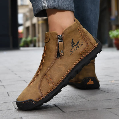 New Winter 2024 Handmade Leather Men Boots Zipper Design Sneakers Man Breathable Casual Leather Shoes Men Ankle Boots Outdoor