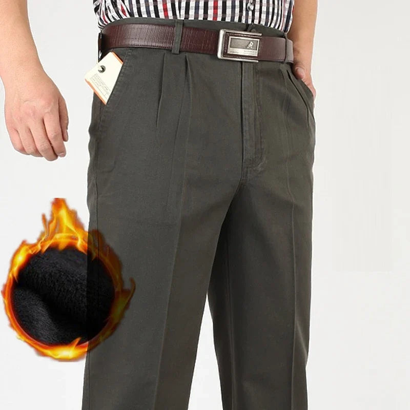 High Waist Double Pleated Warm Thick Fleece Winter Casual Pants Men Loose Straight  Cotton Office Trousers Plus Size 42 44 46