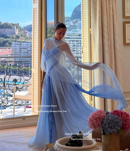 Elegant Blue Chiffon Evening Dresses Sweetheart Scarf A-Line Long Prom Dresses Pleated Sleeveless Prom Gowns 2025 Customiz