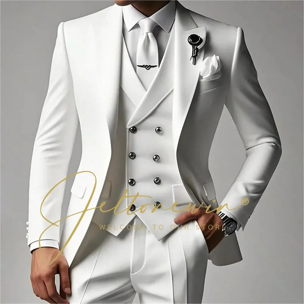 White Suits Set For Men Wedding Party Fashion Blazer Vest Pants Formal Groomsmen Tailor-made Male High Quality Groom Tuxedos