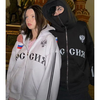 Y2K Clothes Men's Hip Hop Autumn Russia Hot Sale Vintage Double Zip Hoodies Lettering Graphic Hoodies Sweatshirts Casual Jacket