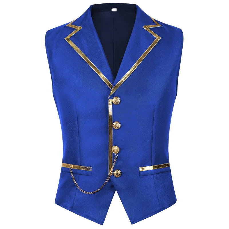 British Style Men Red Sleeveless Vest Jacket, Thin Single Button V-neck Waistcoat, Gold Striped Patchwork.