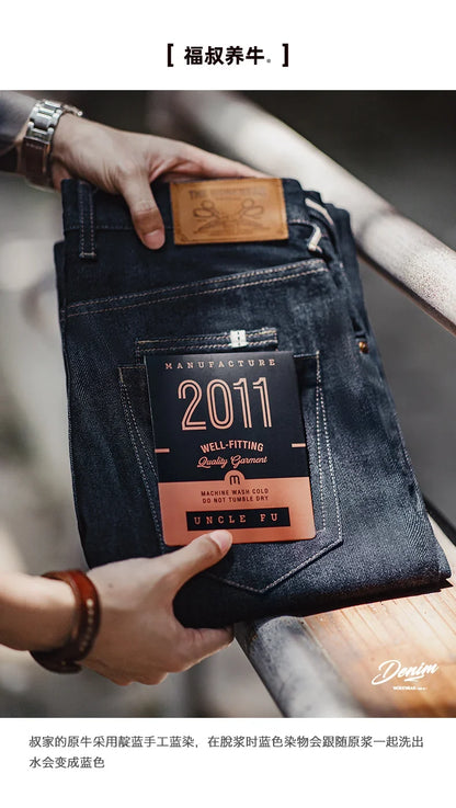 Vintage 13.5oz Heavyweight Denim Jeans Washed Straight Mid Waist Pants Men's Indigo Selvedge Raw Denim Jeans for Autumn