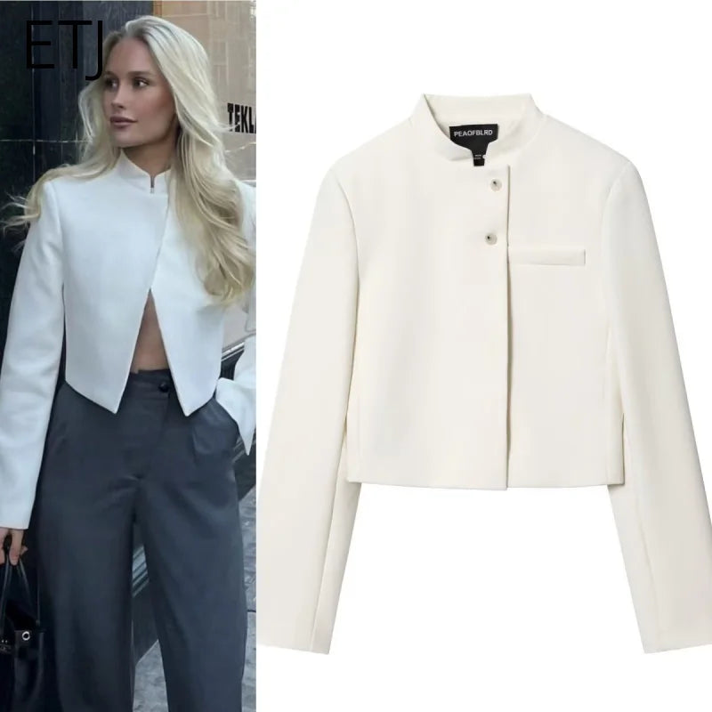2025 autumn winter new professional women's simple fashion white short commuting zhongshan collar suit jacket