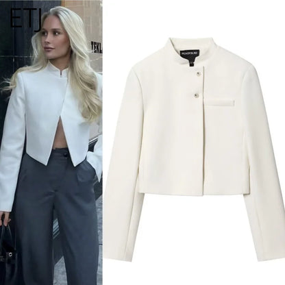 2025 autumn winter new professional women's simple fashion white short commuting zhongshan collar suit jacket