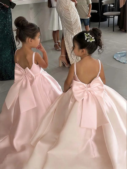 Simple Satin First Communion Dress With Bow Spaghetti Strap Backless Flower Girl Dress for Wedding 2-14 Kids Birthday Party Gown