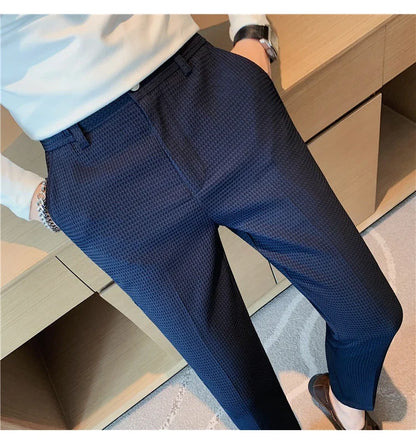 2024 Autumn New Waffle Stretch Waist Business Formal Pants Men Fashion Wedding Slim Trouser Mens Brand Social Party Suit Pants