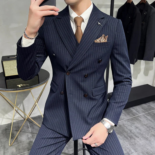 ( Blazer+Vest+Pants ) Groom Wedding Male Suit Luxury Brand Fashion Striped Men's Casual Business Office Double Breasted Suit