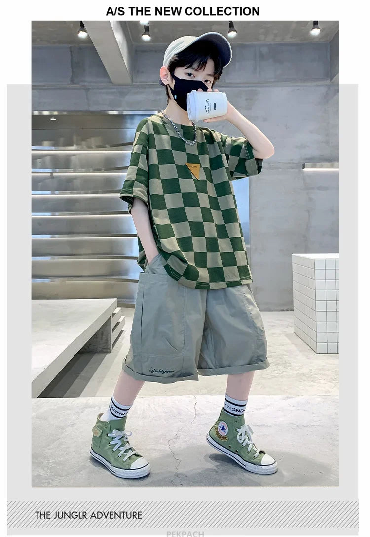 Boys 2 Piece Summer Set Child Clothes Outfits Pliad T-shirt Shorts Cotton Suit Teenager Kids Luxury Clothing Set Tracksuit 5-14Y