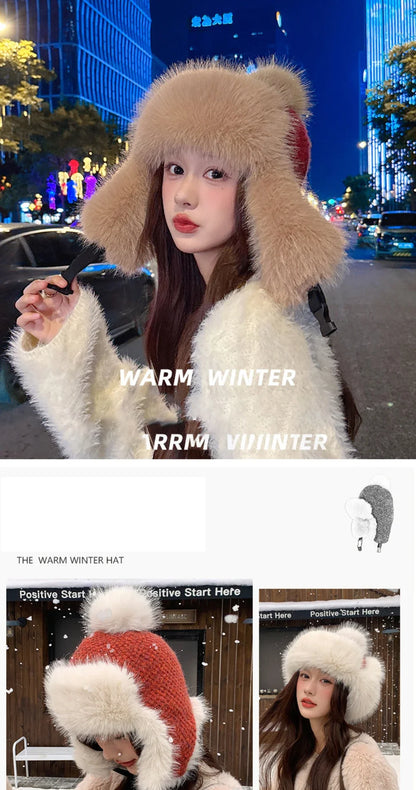 Russian Hat Ushanka Thick Warm Fluffy Fur Hat Women Snow Ski Earflap Cap Female Knitted Hat Skullies Beanies Bomber Hats