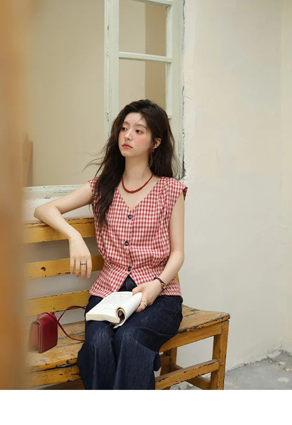 Women's Fashion V-neck Shirt 2026 Summer New Plaid Ladies Red Button Shirt Casual Retro Top Female Clothing MXE37X1921