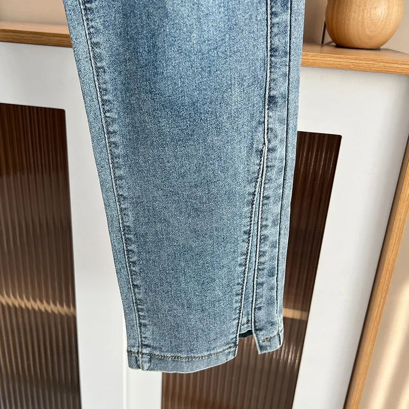 Women's Split Leg Opening Drainpipe Jeans, Casual Ankle Length Denim Pants, Straight Leg, Plus Size, Spring, Autumn, 100kg, 1649
