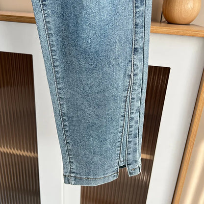 Women's Split Leg Opening Drainpipe Jeans, Casual Ankle Length Denim Pants, Straight Leg, Plus Size, Spring, Autumn, 100kg, 1649
