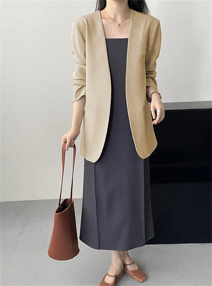 Fashion New Solid Casual Joker Women's Blazer Spring Autumn No Placket Cardigan Suit Jackets V-neck Long Sleeve 19-Color Coats