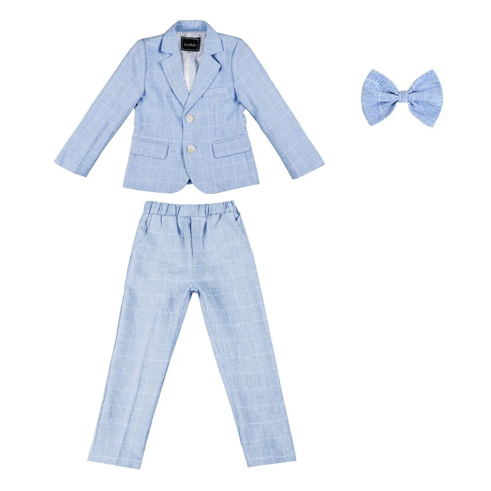Boys Suit Wedding Ring Bearer Outfit Kids Suit Set Plaid Striped Blazer Suit Pants Bow Tie Pink Suit 2-14Years