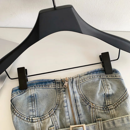 Vintage Denim Strapless Camis Backless Irregular Raw Hem Slim Distressed Crop Top Ladies Sashes Sexy Club Lingerie Top