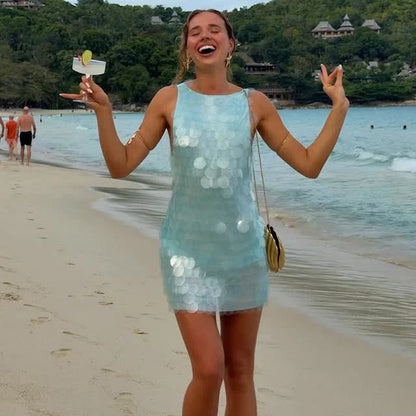 Sexy Sequin Backless Sleeveless Dress Women Chic High Waist Bodycon Sling Mini Dresses 2026 Lady Beach Vacation Party Club Wear