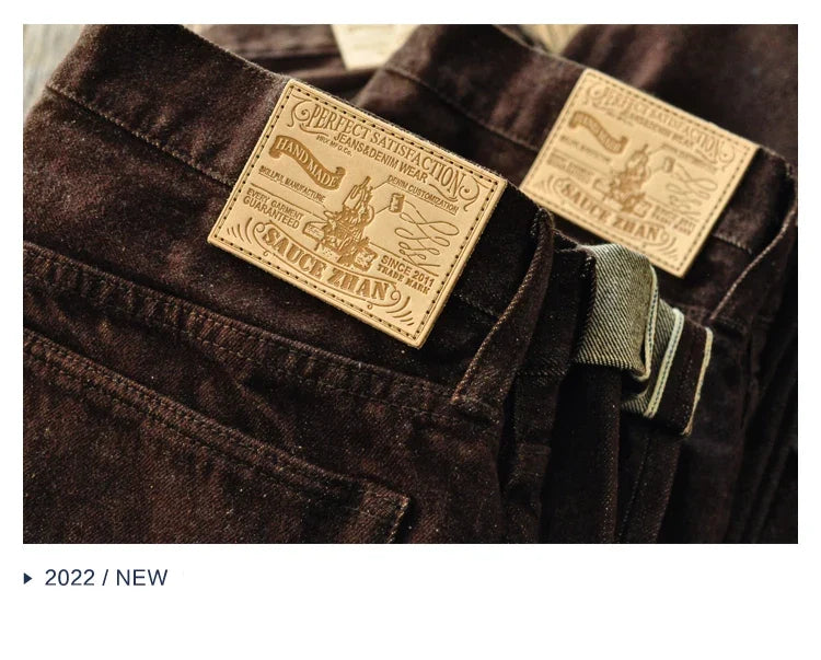 Men Jeans Brown Jeans Men Jeans Trousers  Selvedge Denim Jeans for Men Taper Fit Mens Jeans vintage 13.8 Oz