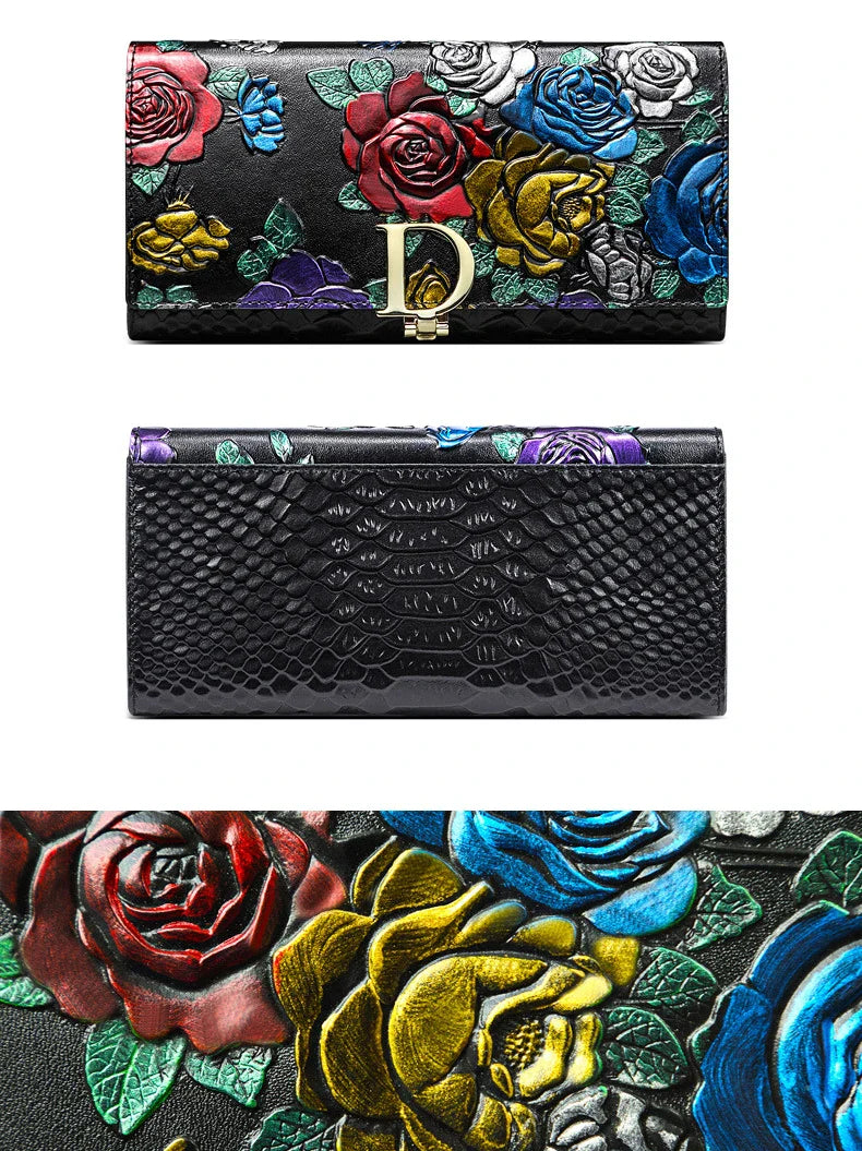 2025 New Genuine Leather Purse Wallet Female 3D Embossing Ladies Personality Retro Long Clutch Wallet Women Purse Coin Holders