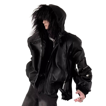 Spring Autumn Cool Short Oversized Black Warm Pu Leather Jacket Men with Faux Fur Trim Hood Luxury Designer Clothes